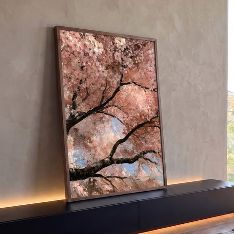 Copa de cerejeira florida rosa vista de baixo, galhos escuros e céu azul em pinceladas, quadro decorativo