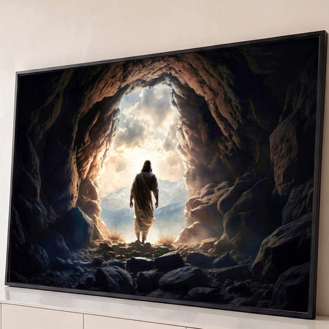Jesus ressuscitado saindo do sepulcro de pedra rumo à luz e às montanhas nevadas, quadro decorativo