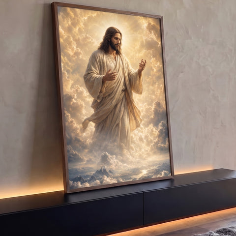 Jesus Cristo de manto claro e mãos abertas sobre nuvens douradas e montanhas, quadro decorativo