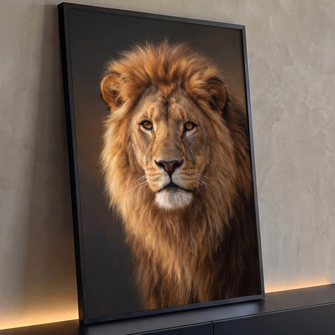 Retrato realista de leão de frente com juba marrom e olhos âmbar sobre fundo escuro, quadro decorativo