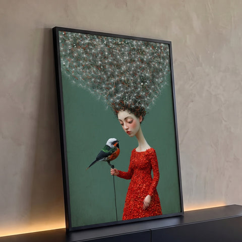 Mulher surreal de vestido vermelho com cabelo de dente de leão e pássaro, fundo verde, quadro decorativo