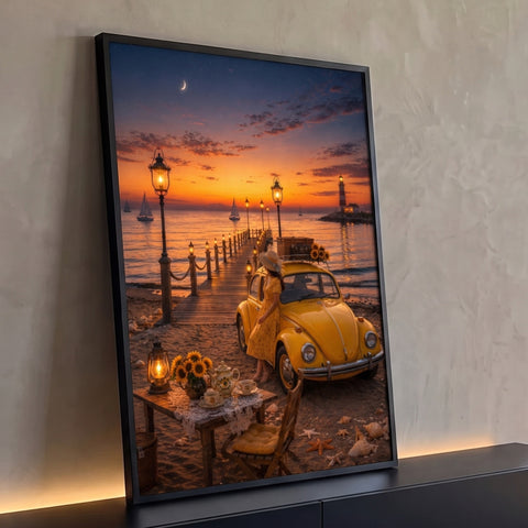 Fusca amarelo vintage na praia ao pôr do sol com mulher, farol, cais iluminado e girassóis, quadro decorativo