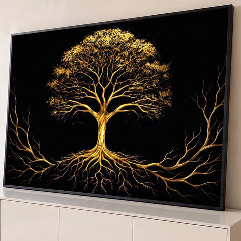 Árvore da vida dourada com copa brilhante e raízes longas sobre fundo preto, quadro decorativo
