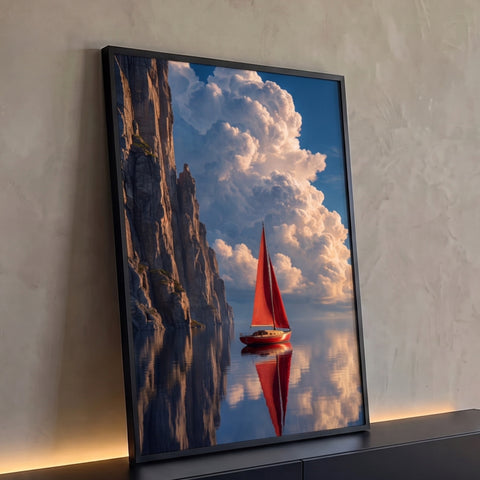 Veleiro de vela vermelha refletido no mar calmo entre penhascos e nuvens, quadro decorativo