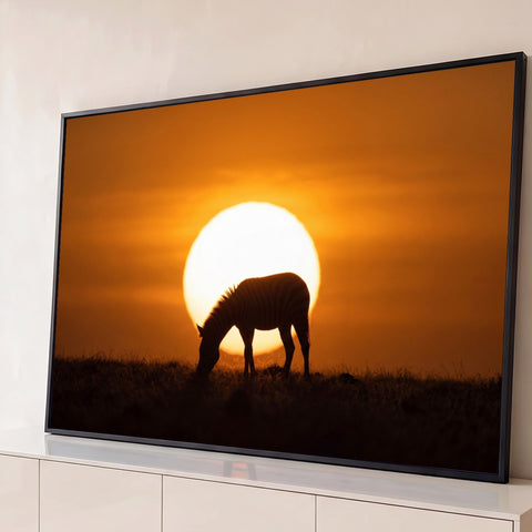 Zebra em silhueta pastando na savana diante de um grande sol poente laranja, quadro decorativo