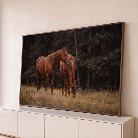 Dois cavalos castanhos, um pastando, em campo dourado com flores amarelas e mata escura, quadro decorativo
