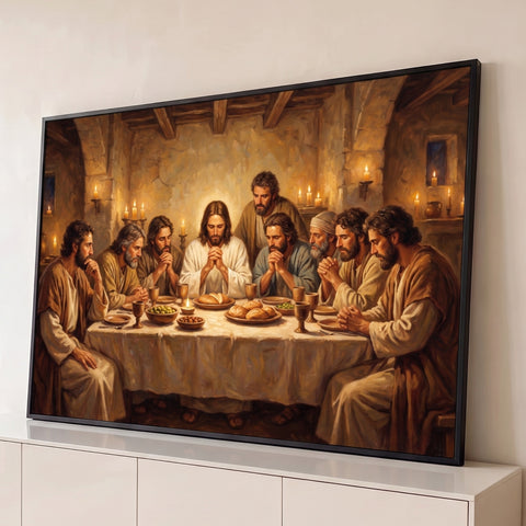 Jesus e apóstolos orando na Santa Ceia com pães e velas, pintura em tons terrosos, quadro decorativo