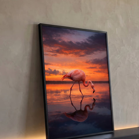 Flamingo rosa bebendo água em lago com reflexo sob céu laranja e roxo do pôr do sol, quadro decorativo