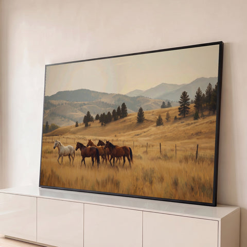 Manada com cavalo branco e cavalos castanhos em campo dourado, cerca e montanhas ao fundo, quadro decorativo