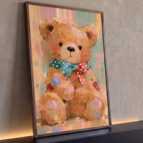 Ursinho de pelúcia caramelo com laço poá azul e vermelho, pintura em tons pastel, quadro decorativo