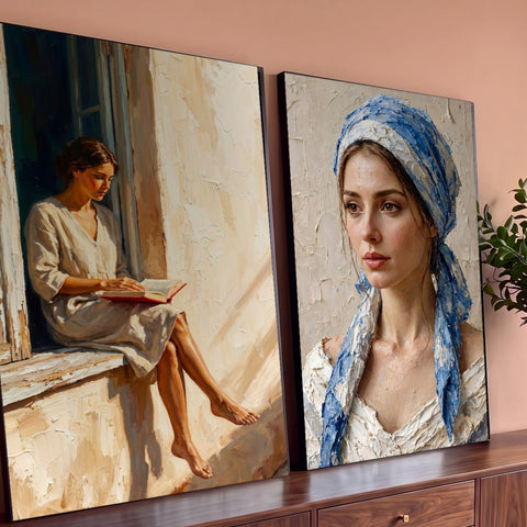 Quadro Decorativo Grande Mulher Lendo para Sala Azul | quadros decorativos para sala | mulher lendo na janela e retrato feminino com lenço azul em pintura texturizada | Porao dos Quadros