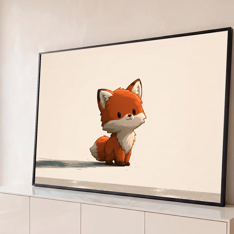 Raposinha laranja fofa sentada em estilo cartoon sobre fundo bege claro, quadro decorativo