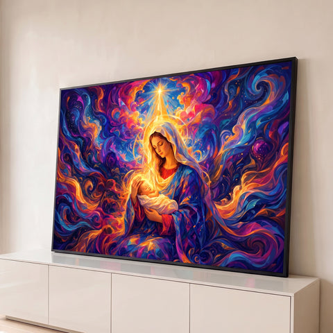 Nossa Senhora embala o Menino Jesus sob a estrela de Belém, entre redemoinhos azuis e dourados, quadro decorativo
