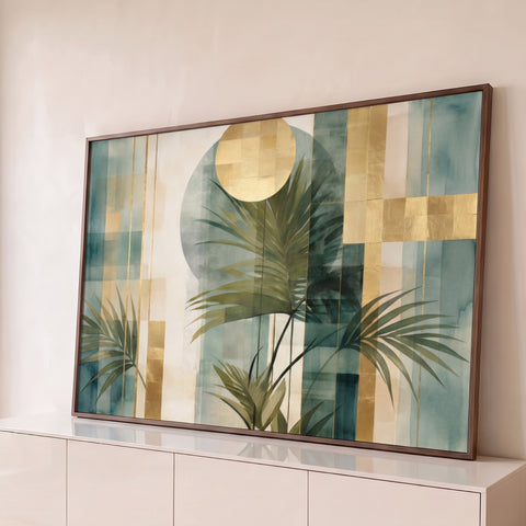 Folhas de palmeira verdes sobre blocos geométricos e sol em folha de ouro, quadro decorativo