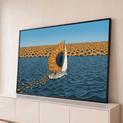 Ilustração de veleiro com vela de girassol no mar azul diante de campo de girassóis, quadro decorativo