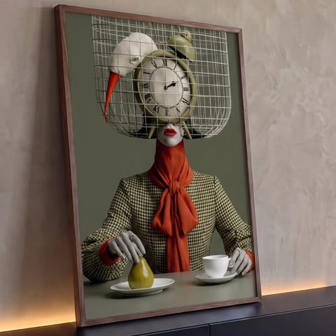 Mulher surreal com relógio na cabeça em gaiola, cegonha, pera e xícara, fundo verde, quadro decorativo