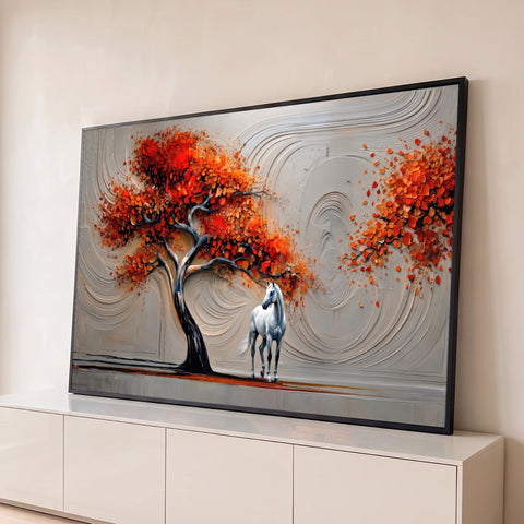 Árvore de folhas vermelhas e laranja com cavalo branco sobre fundo cinza em relevo, quadro decorativo