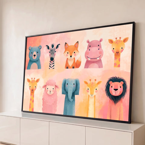 Urso, zebra, raposa, hipopótamo, girafas, ovelha, elefante e leão fofos em fundo rosa pastel, quadro decorativo