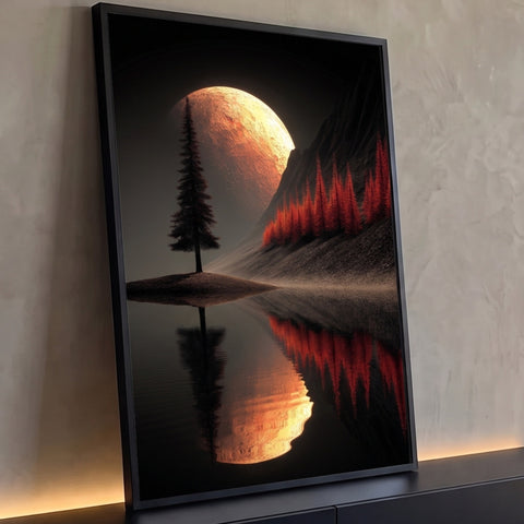 Lua cheia laranja atrás de pinheiro solitário e floresta vermelha refletidos em lago escuro, quadro decorativo