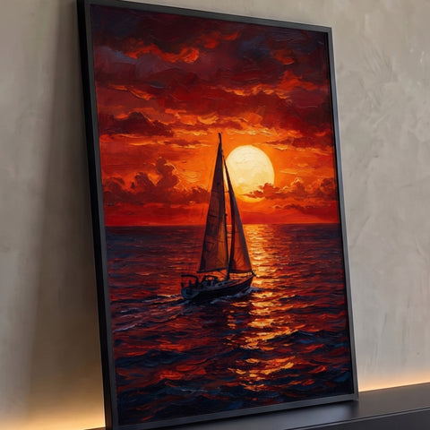 Veleiro navegando no mar ao pôr do sol com céu vermelho e sol refletido nas ondas, quadro decorativo