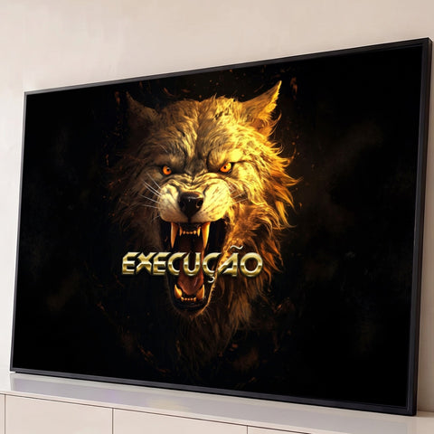 Lobo dourado feroz rosnando com presas à mostra e palavra Execução em fundo preto, quadro decorativo