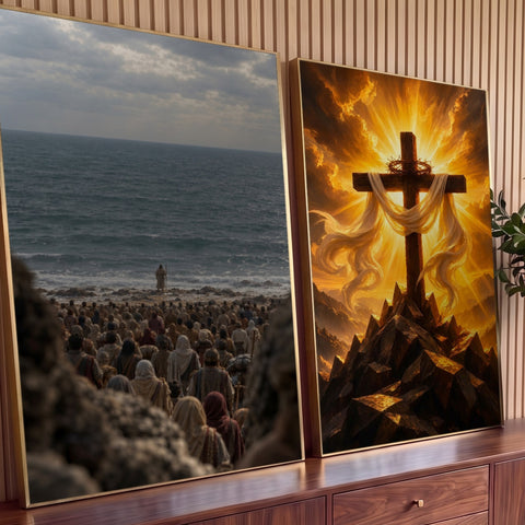 Quadro Decorativo Kit 2 Telas Cruz para Sala Dourado | quadros decorativos para sala | cruz de madeira com coroa de espinhos sobre montanha e multidão bíblica na praia | Porao dos Quadros