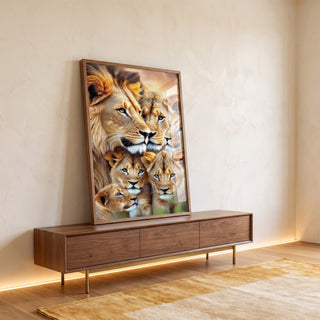Quadro Decorativo Elegante com Família de Leão - 4 Filhotes em Canvas Premium em ambiente decorado - quadros decorativos para sala