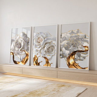 Quadro Decorativo: Harmonia de Rosas Brancas e Dourado em ambiente decorado - quadros decorativos para sala