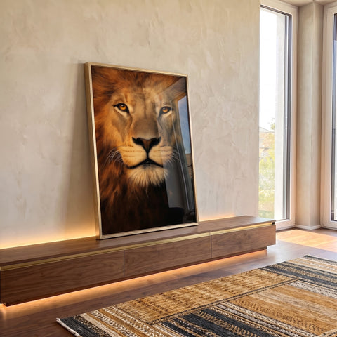Quadro Decorativo Leão Dourado Majestoso em ambiente decorado - quadros decorativos para sala