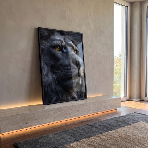 Quadro Decorativo Leão Majestoso e Elegante em ambiente decorado - quadros decorativos para sala