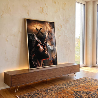 Quadro Decorativo Confronto Divino com o Leão em ambiente decorado - quadros decorativos para sala