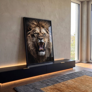 Quadro Decorativo: Majestade do Leão Selvagem em ambiente decorado - quadros decorativos para sala