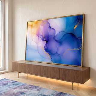 Quadro Decorativo Harmonia Abstrata em Azul, Roxo e Dourado em ambiente decorado - quadros decorativos para sala