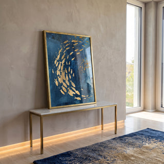 Quadro Decorativo: Dança Sublime dos Peixes em Azul e Ouro em ambiente decorado - quadros decorativos para sala
