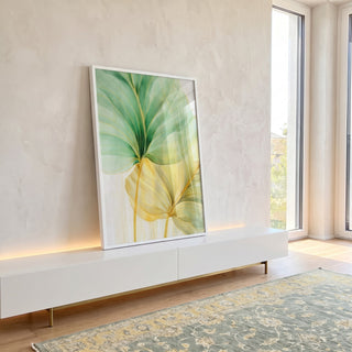 Quadro Decorativo Folhagem Dourada e Verde - Elegância Natural para Sua Decoração em ambiente decorado - quadros decorativos para sala