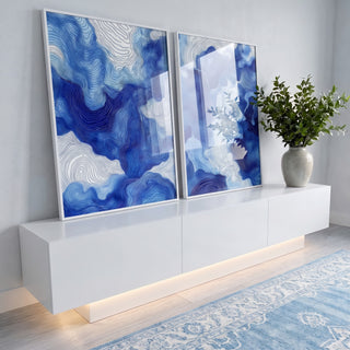 Quadro Decorativo Onda da Serenidade - Aquarela em Tons de Azul em ambiente decorado - quadros decorativos para sala