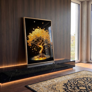 Quadro Decorativo Árvore da Vida Dourada Elegância Natural em ambiente decorado - quadros decorativos para sala