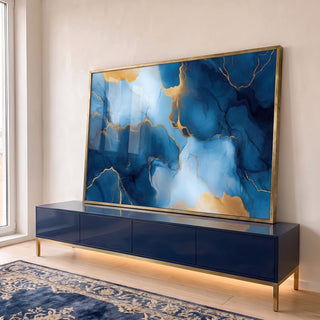 Quadro Decorativo Abstração Sofisticada em Azul e Dourado em ambiente decorado - quadros decorativos para sala