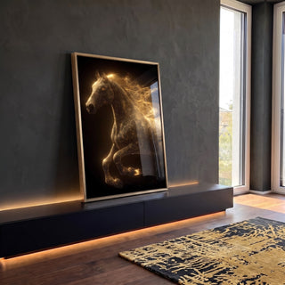 Quadro Decorativo Cavalo Dourado Etéreo em ambiente decorado - quadros decorativos para sala