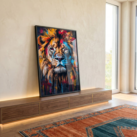 Quadro Decorativo Leão Majestoso e Vibrante em ambiente decorado - quadros decorativos para sala