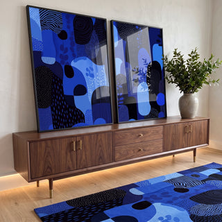 Quadro Decorativo Dupla Abstrata Azulada em ambiente decorado - quadros decorativos para sala