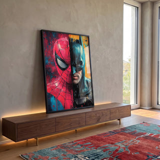 Quadro Decorativo Confronto Épico entre Morcego e Aranha em ambiente decorado - quadros decorativos para sala