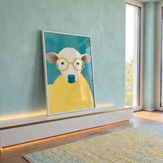 Quadro Decorativo Vaca de Óculos Amarelos em Suéter Amarelo em ambiente decorado - quadros decorativos para sala