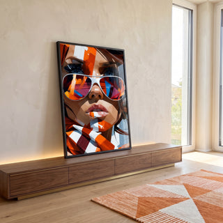 Quadro Decorativo Mulher Óculos Espelhado Laranja e Branco em ambiente decorado - quadros decorativos para sala