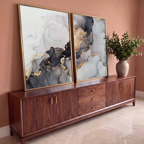 Pintura abstrata efeito mármore em cinza, preto e veios dourados em duas telas, quadro decorativo