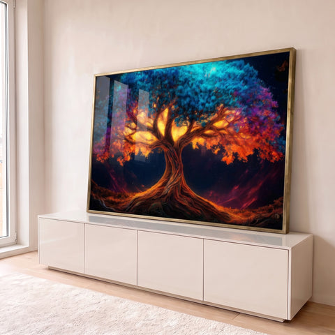 Árvore da vida com copa azul e roxa, tronco iluminado em dourado e céu noturno estrelado, quadro decorativo
