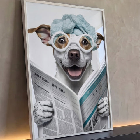 Cachorro sorridente com toalha azul na cabeça e óculos brancos lendo jornal, quadro decorativo