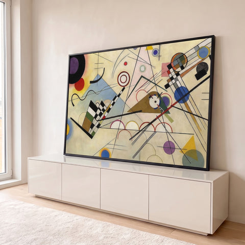 Composição VIII de Kandinsky com círculos, triângulos e linhas sobre fundo bege, quadro decorativo