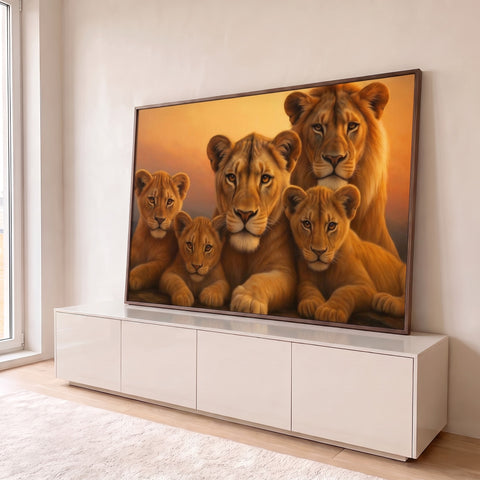 Leão, leoa e três filhotes lado a lado em tons laranja do entardecer, quadro decorativo