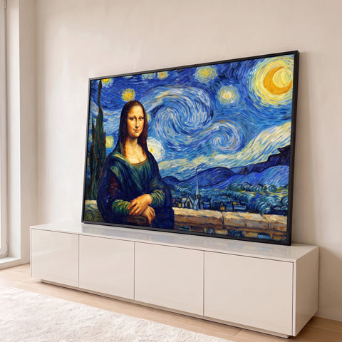 Mona Lisa pintada no estilo Van Gogh diante do céu da Noite Estrelada com lua e cipreste, quadro decorativo